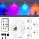 WILLED RGB Rechargeable Puck Lights with Remote Control, Under Cabinet Lighting Wireless, Dimmable Push Lights, Multicolor and Timing Function, LED Puck Lights for Kitchen, Cabinet and Shelf(6 Pack) (White)