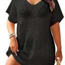 Plus Size Swimsuit Cover Up Crochet Bathing Suit Short Sleeve Beach Dress Side slits for fluid movement, stylish knit patterns, soft skin-friendly acrylic fabric One Size