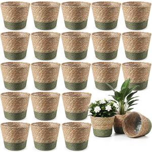 AceOrbit 24 Pcs Wicker Plant Basket Bulk with Liners Woven Planter Baskets Bulk for Indoor Outdoor Seagrass Plants Woven Wicker Baskets for Flower Pots Cover and Room Decor (Small,Farmhouse)
