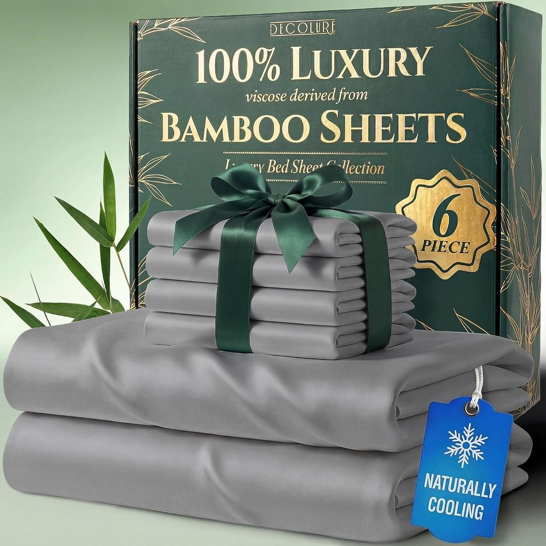 DECOLURE 100% Viscose Derived from Bamboo Sheets Queen Size - Luxury 6 Pc Naturally Cooling Sheets, Ultra Soft Bed Set - Deep 17" Pockets, Durable Double Stitching, Oeko Tex Standard (Light Grey)