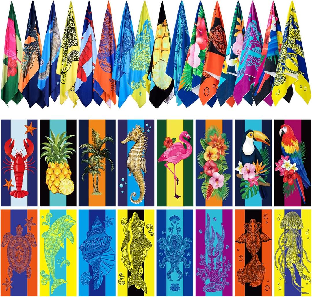 Redbaker 16 Packs 72 x 36 Inches Oversized Hawaiian Beach Towel Bulk Extra Large Pool Towels Set Microfiber Quick Dry Swim Towel Blanket for Women Men Adult Bath Travel(Bright Colors)