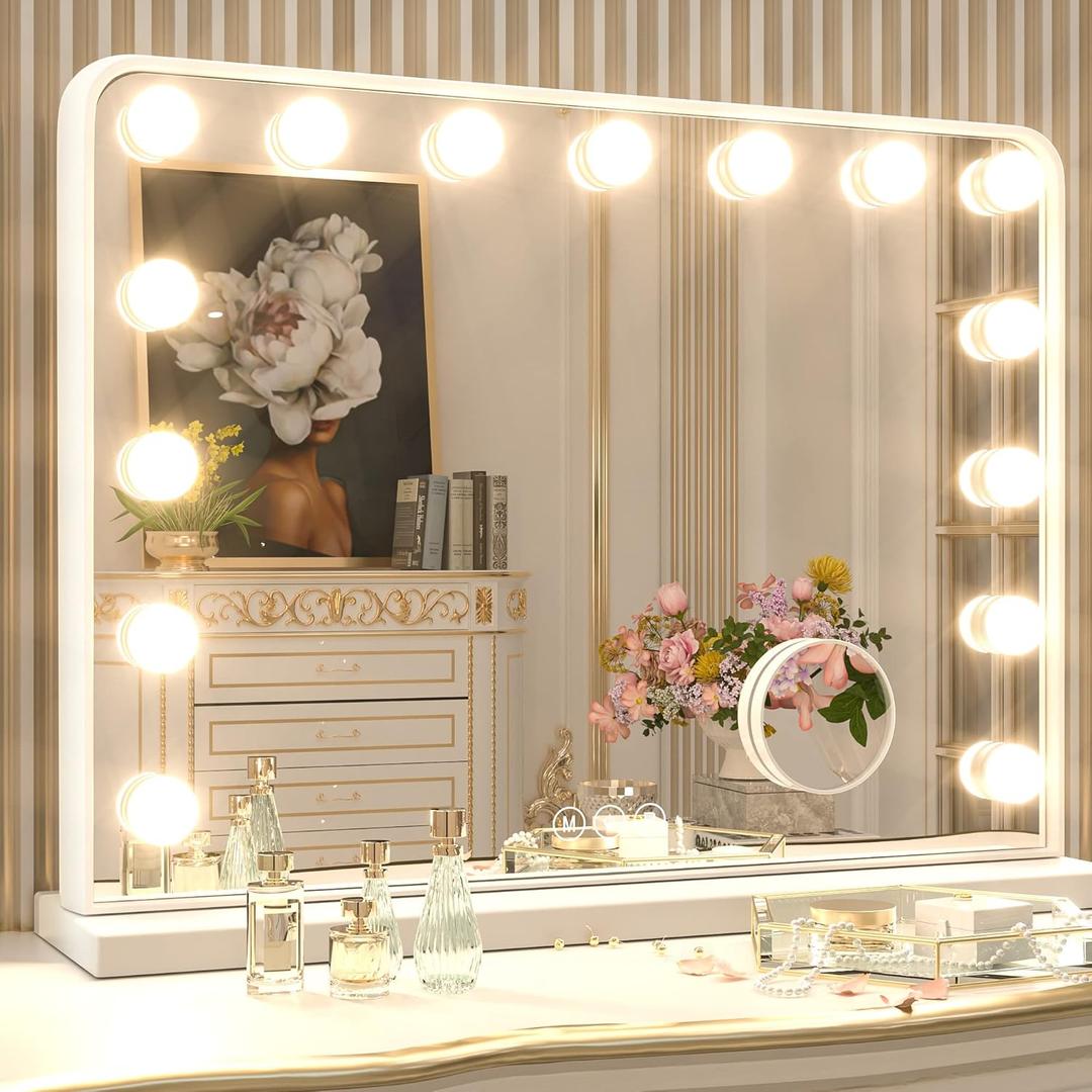 Keonjinn White Vanity Mirror with Lights 23" x 18", 15 LED Bulbs Hollywood Makeup Mirror with 2 Replacement Bulbs, 3-Color Lights, Aluminum Metal Frame, USB Charging Port for Gift Birthday Anniversary
