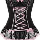 Sexy Mesh Corset Ruffle Lace Up Underwire Sheer Garter Belt Babydoll Lingerie Set With Thong 3 Piece Women XXL Black