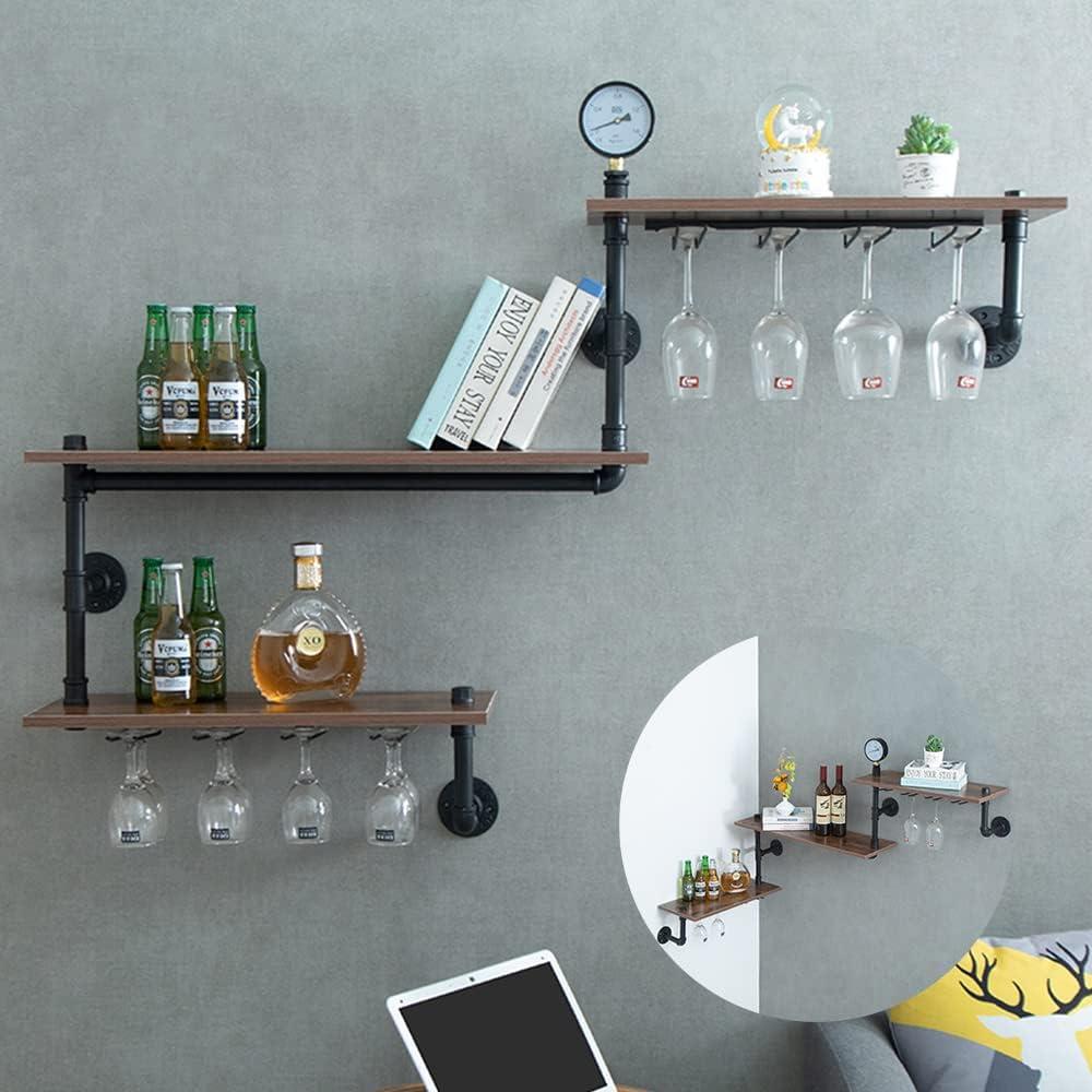 MAIKAILUN Wine Rack Wall Mounted Corner 3 Tier, Hanging Floating Small Mini Bar Liquor Shelves with Glass Holder Storage Under, Industrial Rustic Pipe Farmhouse Kitchen Decor Black