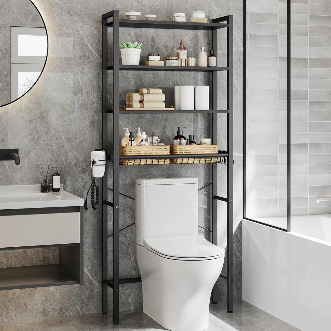VASAGLE BARNET Collection - Over the Toilet Storage, Over Toilet Bathroom Organizer with Adjustable Shelves and Basket, 3 Hooks, Space Saving, 9.4 x 23.6 x 68.1 Inches, Ebony Black UBTS114BE01S