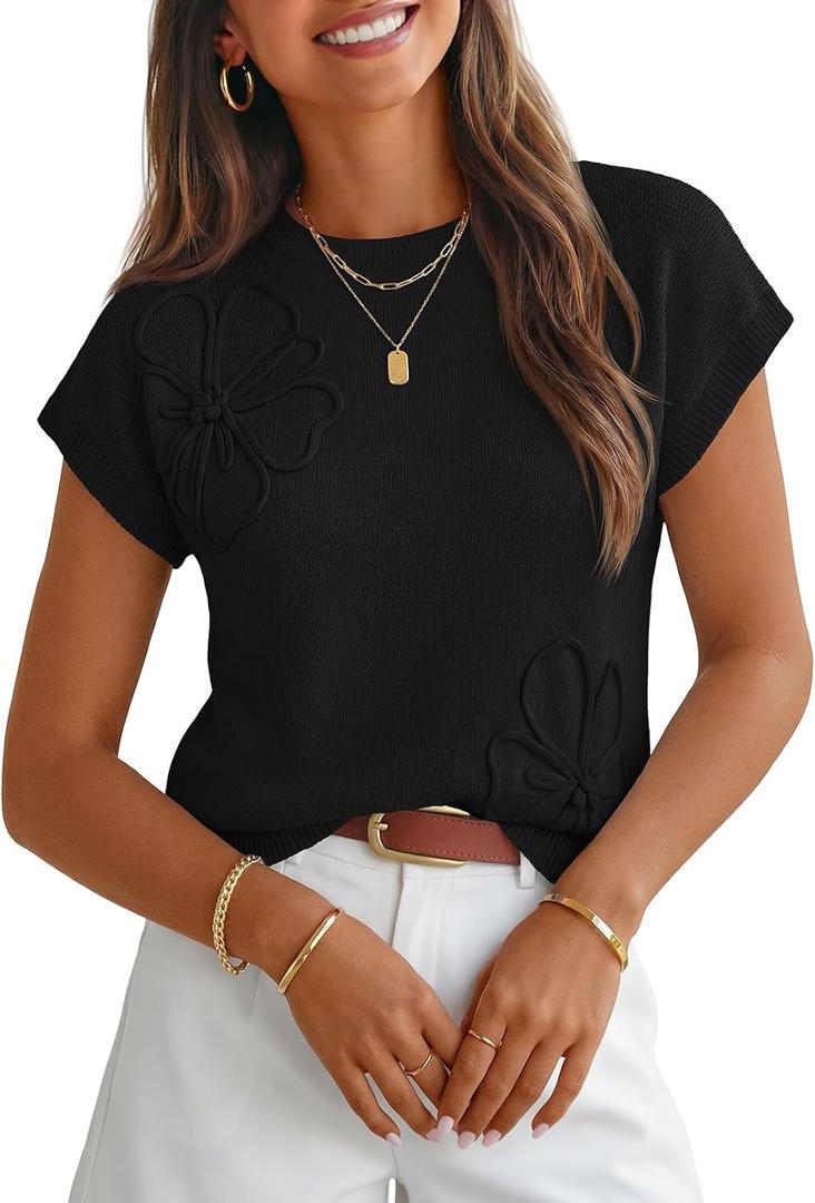 MEROKEETY Women's Summer Short Sleeve Sweater Vest Floral Knit Cute Pullover Tank Tops 2026 Trendy Fashion Spring Outfits (Black, L)