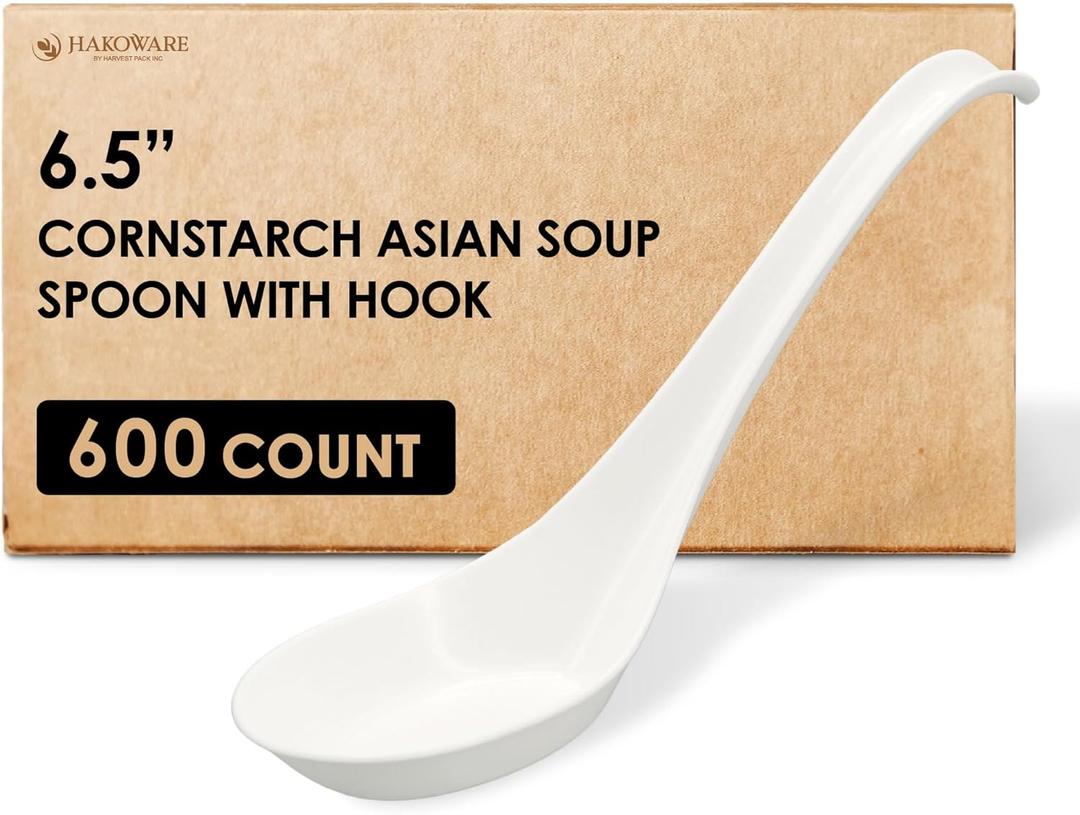 [600 COUNT] HAKOWARE Disposable Asian Soup Spoons with Hook, Plastic-Free Heavy Duty Spoons, made from Crystalized Cornstarch, for Take-out Ramen Pho Noodles