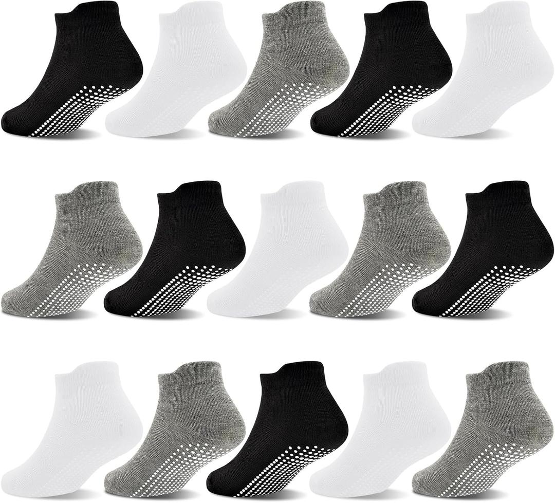 GRPSKCOS Non Slip Toddler Socks 15 Pairs Toddler Grip Anti Skid Low Cut Socks for Boys Girls（#1 Black + White + Light grey, 3-5T）