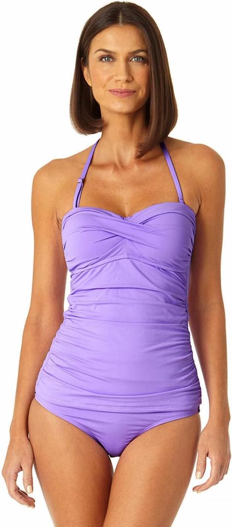 Anne Cole Womens Solid Twist Front Shirred Bandeau Tankini Swim Top (Small, Amethyst)