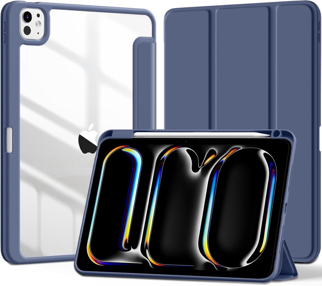 LEOMARON Compatible with iPad Pro 11 Inch Case M5 2025/M4 2024 with Pencil Holder, Clear Transparent Back for iPad 11 Pro Case, Support Pencil Pro and Pencil(USB-C), Auto Wake/Sleep, Blue Gray