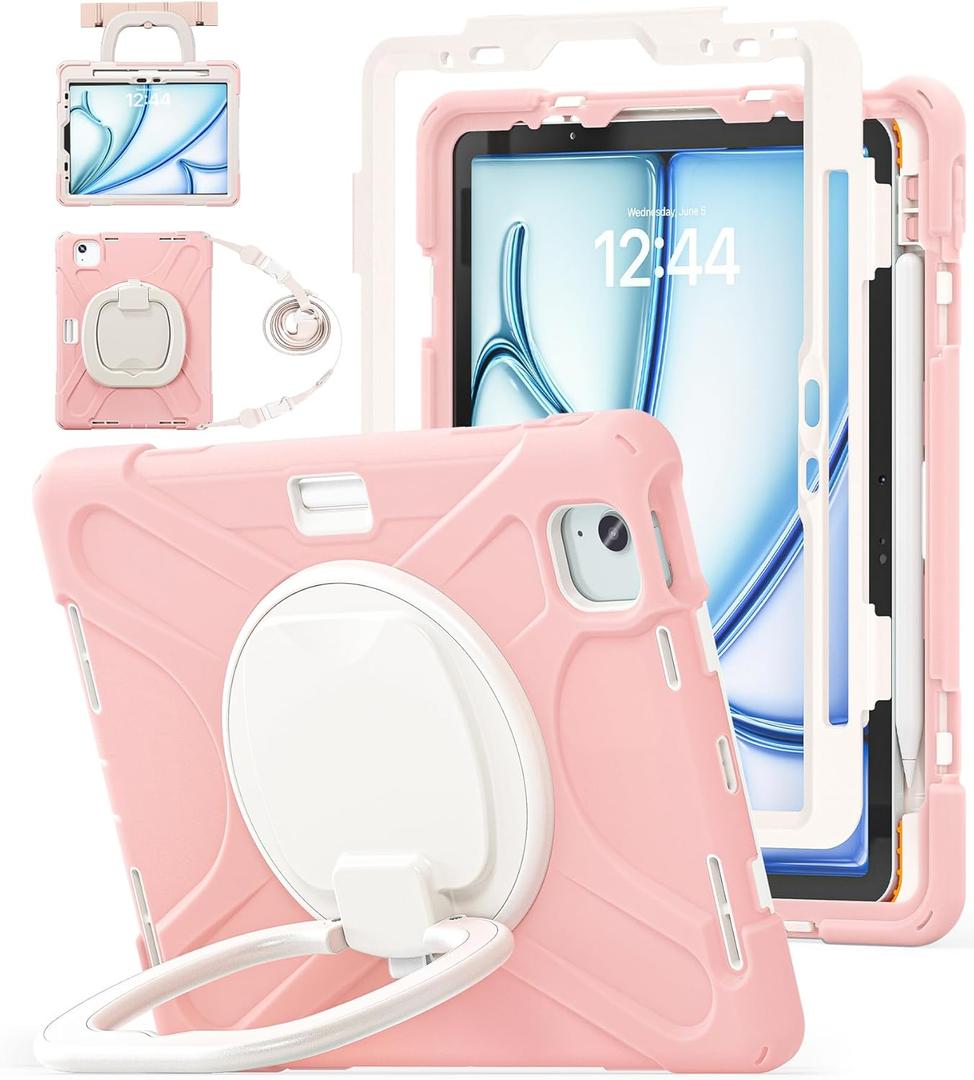 BATYUE Case for iPad Air 11-inch M4 (2026)/M3 (2025) /M2 (2024), iPad Air 5th/4th 10.9 inch(2022/2020), iPad Pro 11" 4th/3rd/2nd/1st Kids Cover with 360 Rotating Stand, Pencil Holder, Strap, Rose (03-Pink)