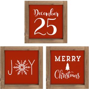 pechpell 3 Pcs Christmas Wooden Sign, Merry Christmas Joy Wall Decor, Indoor Red Holiday Decorative Signage Wood Plaques Wall Art Table Top Shelf Desk Tiered Tray Rustic Farmhouse Decorations for Home