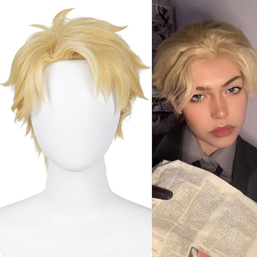 Half and Half Short Blonde Anime Cosplay Wig Men's Spiky Layered Blonde Male Wigs Synthetic Hair for Men Halloween Costume Party (Twilight)