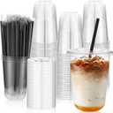 tchrules 100 Set 16oz Plastic Cups with Lids and Straws, Disposable Clear Iced Coffee Cup with Lid, Round Bottom Plastic To Go Cups for Cold Drinks Slushie Smoothie Lemonade Matcha Party Shop Supplies