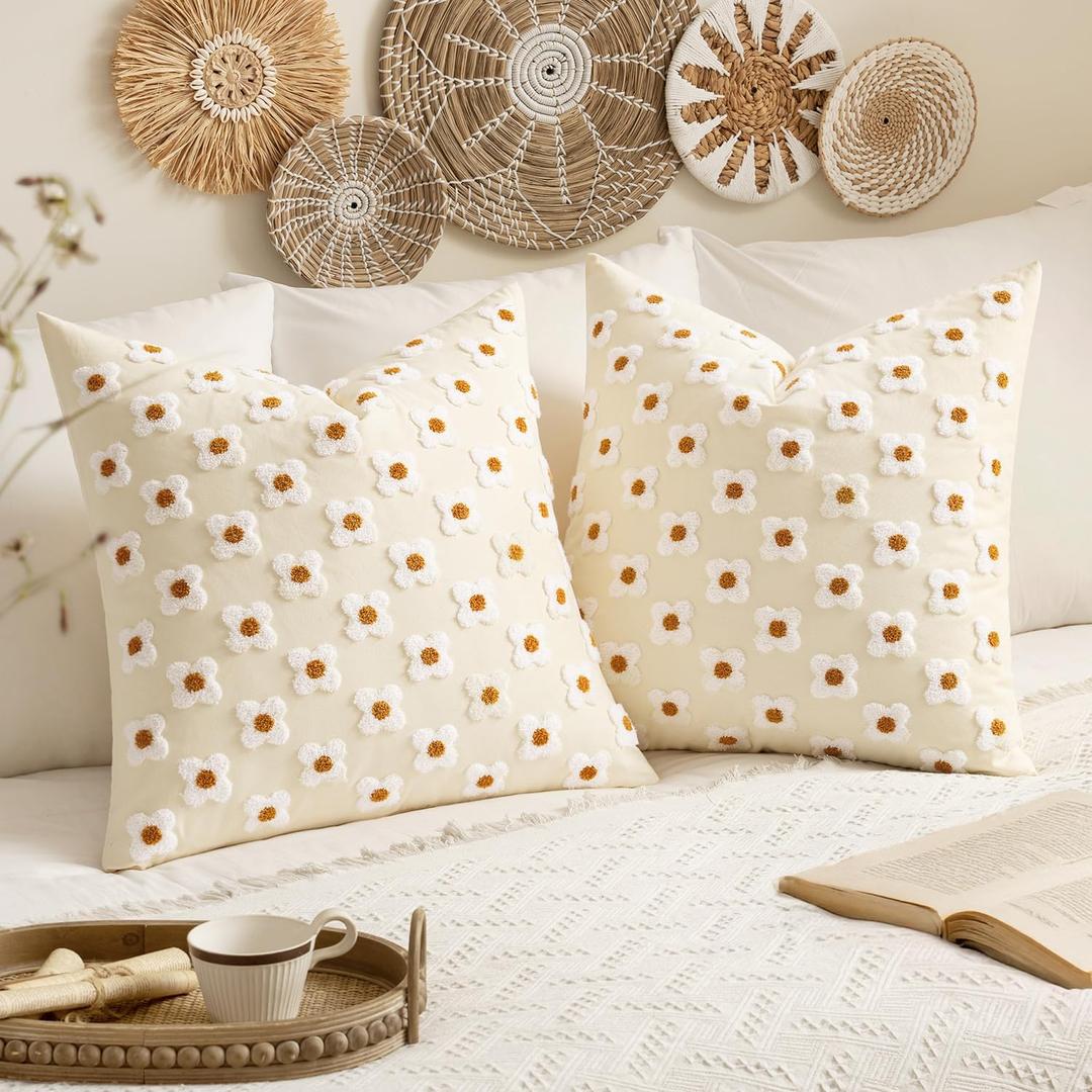EMEMA Decorative Throw Pillow Covers Daisy Sun Flower Jacquard Pillowcase Cushion Case Rectangle for Couch Sofa Bed Living Room Bedroom Set of 2, 24x24 Inch, Beige EMEMA Decorative Throw Pillow Covers Daisy Sun Flower Jacquard Pillowcase Cushion Case Rectangle for Couch Sofa Bed Living Room Bedroom Set of 2, 24x24 Inch, Beige