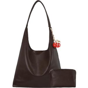 Vegan Hobo Bag Cherry Leather Shoulder Purse Slouchy Designer Crossbody Bag for Women Retro Tote Handbag (Coffee)
