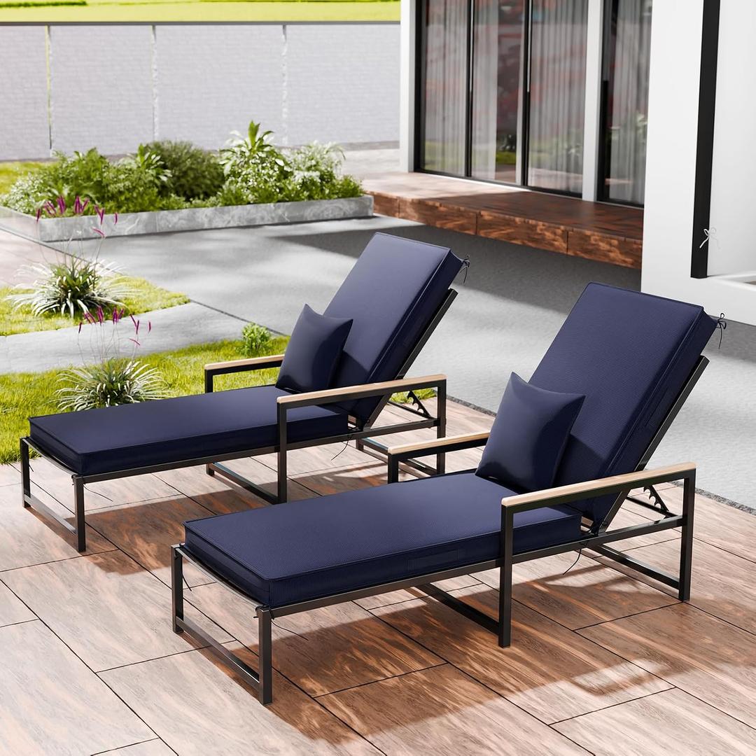 Chaise Lounge Cushions Outdoor Set of 2, Olefin Waterproof and Fade Resistant Patio Furniture Lounge Chair Cushions with Removable Cover, Lounger Pad with Handle & 16 Strap, 80x26x3 Inch, Dark Blue