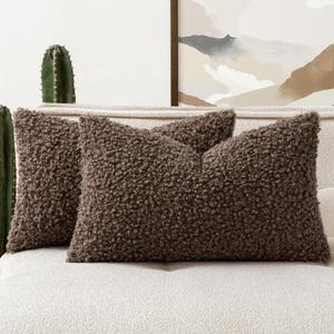 Woaboy Faux Fur Throw Pillow Covers 20x12 Inch Set of 2 Boucle Neutral Decorative Lumbar Sherpa Fuzzy Accent Soft Sheepskin Fleece Cushion Modern Home Decor for Couch Sofa Bedroom Livingroom,Chocolate