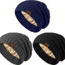 3 Pack Satin Lined Beanie for Women Men Winter Slouchy Cap Adult Soft Knit Hat with Satin Lining One Size Fits Most (Black, Grey, Dark Navy)