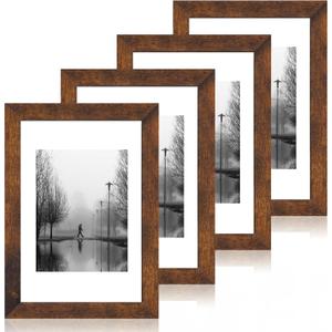 iRahmen 8x12 Picture Frame Set of 4 with High Definition Real Glass, Display 6x8 Pictures with Mat or 8 x 12 Without Mat, Wood Rustic Photo Frames for Tabletop and Wall Mounting (Dark Brown)