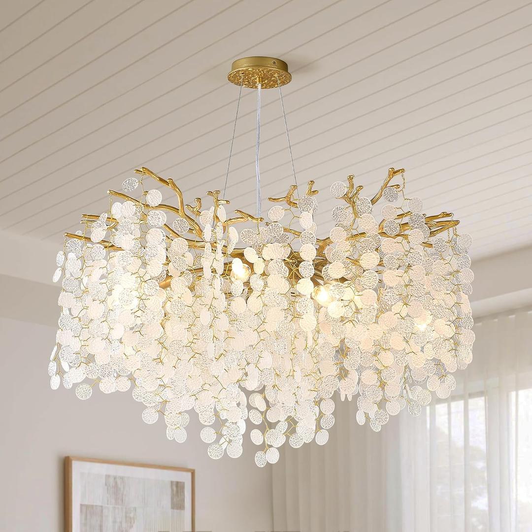 32 Inch Gold Crystal Chandelier, 10-Light Coastal Chandeliers for Dining Room, Large Modern Tree Branch Light Fixtures, Seashell Chandelier for Entryway Foyer Bathroom Living Room, E12