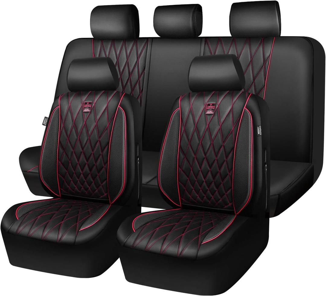 CAR PASS Piping Luxury Leather Seat Covers Full Set,5 Seats Anti-Slip Waterproof Seat Covers Compatible with Front Armrests,Universal Fit for Sendan SUV Van Truck,Airbag Compatible,Black and Red