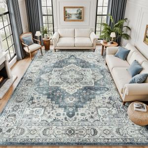 Lessymo Large Area Rugs 9x12 for Living Room, Soft Washable Rug for Bedroom Dining Room Nursery Room Farmhouse, Boho Non Slip Low Plie Carpet Vintage Floral Design, Blue Grey/Beige