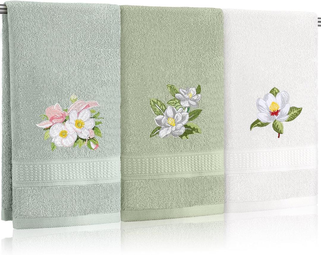 Tingjoo 3 Pcs Sage Green Magnolia Floral Hand Towels Farmhouse Green White Magnolia Bath Towels 14x29 Inch Soft Washable Embroidered Flower Decorative Spring Summer Cotton Decor for Bathroom Kitchen