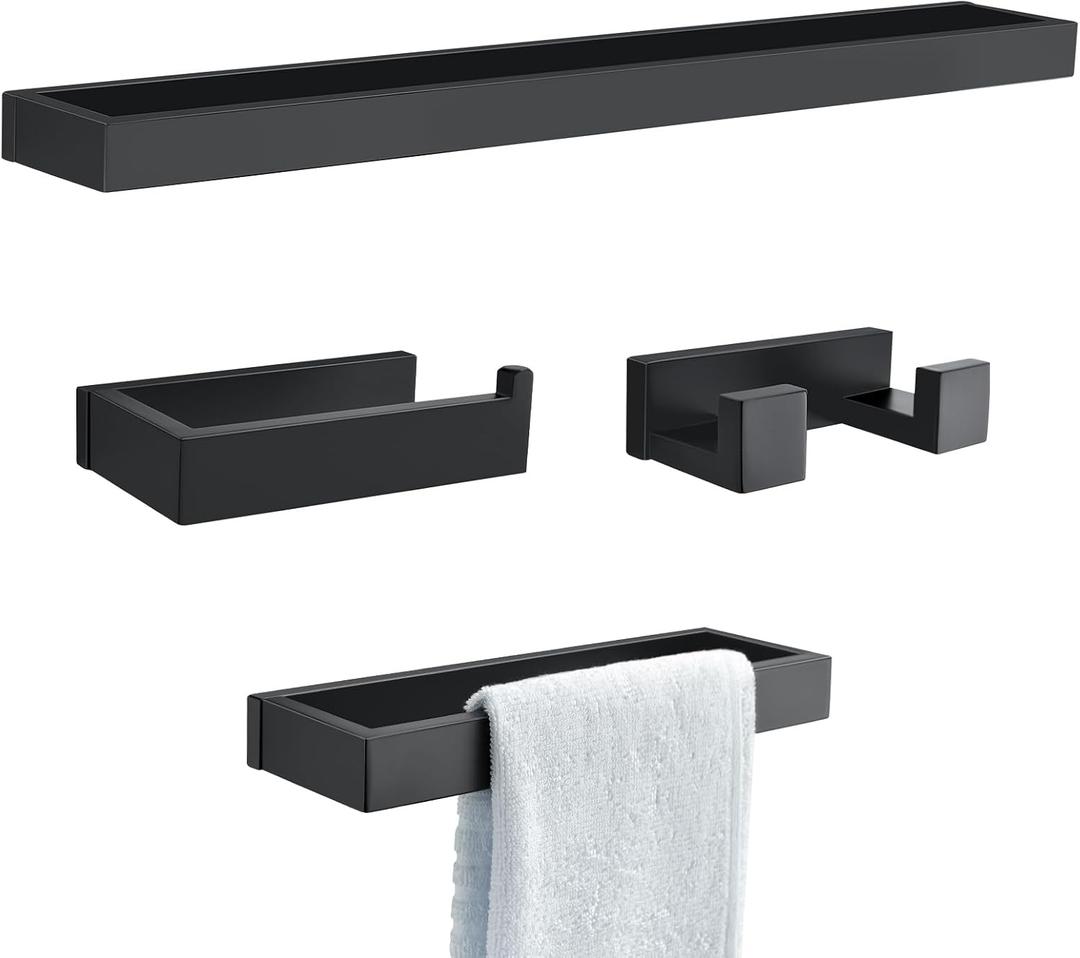 Black Towel Bar Set, 4-Pieces Bathroom Hardware Set Modern Bathroom Towel Holder Set SUS304 Stainless Steel Wall Mounted Towel Rack Set,23.6 Inch
