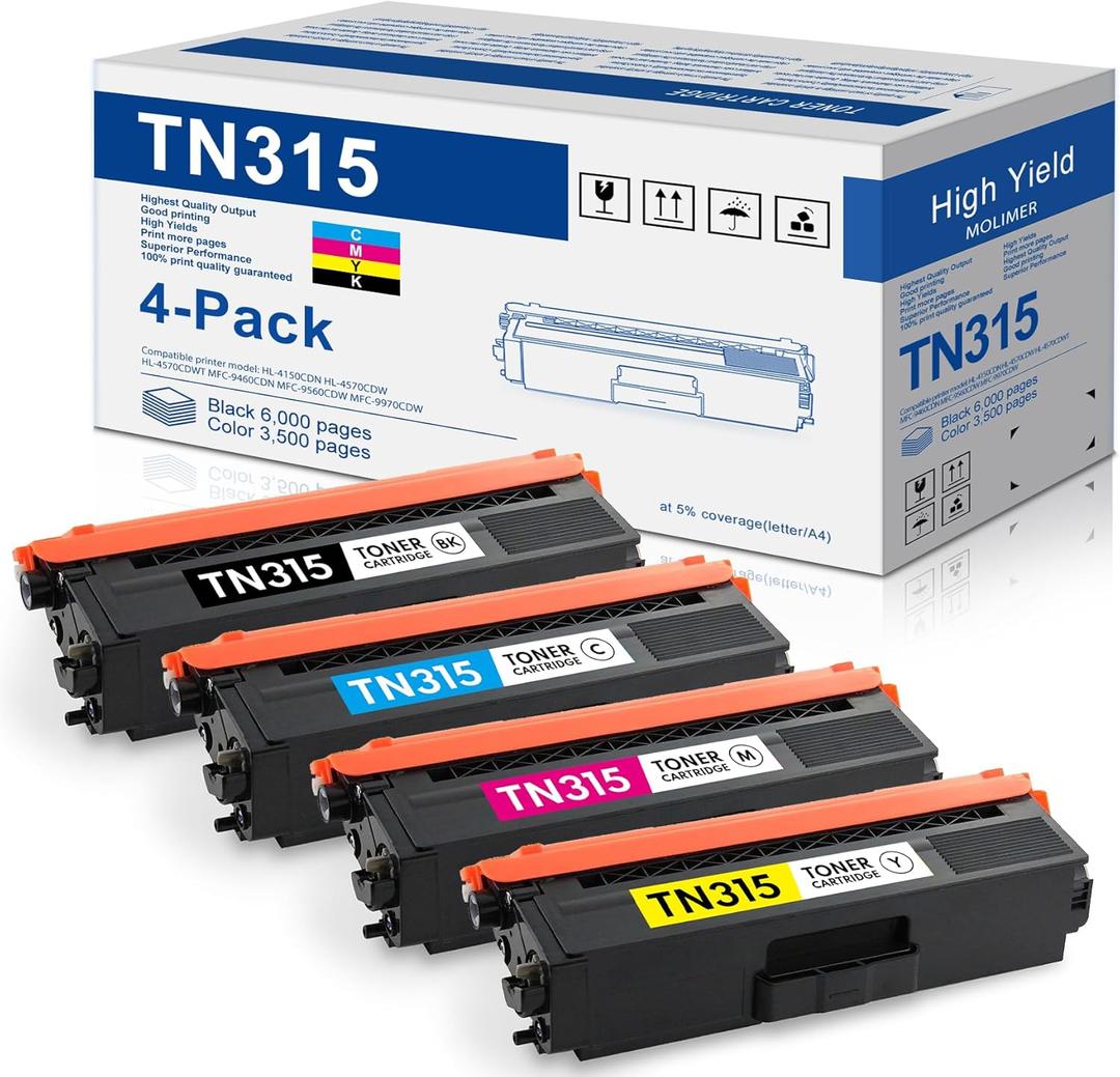 TN315 BK/C/M/Y High Yield Toner Cartridge 4 Pack Compatible Replacement for Brother TN315 TN315 TN310 MFC9970CDW HL4150CDN HL4570CDW MFC9460CDN MFC9560CDW Printer