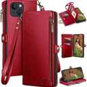 XcaseBar for iPhone 15 Plus 6.7" Wallet case with Zipper Credit Card Holder RFID Blocking, Flip Folio Book PU Leather Shockproof Strap Protective Cover Women Men for Apple 15Plus Phone case Red