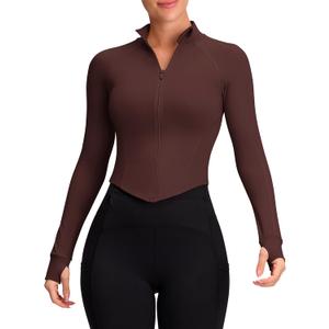 Womens Zip Up Bbl Jacket Lightweight Cropped Athletic Jacket Track Gym Workout Jackets for Running Yoga Hiking (Brown, XS)