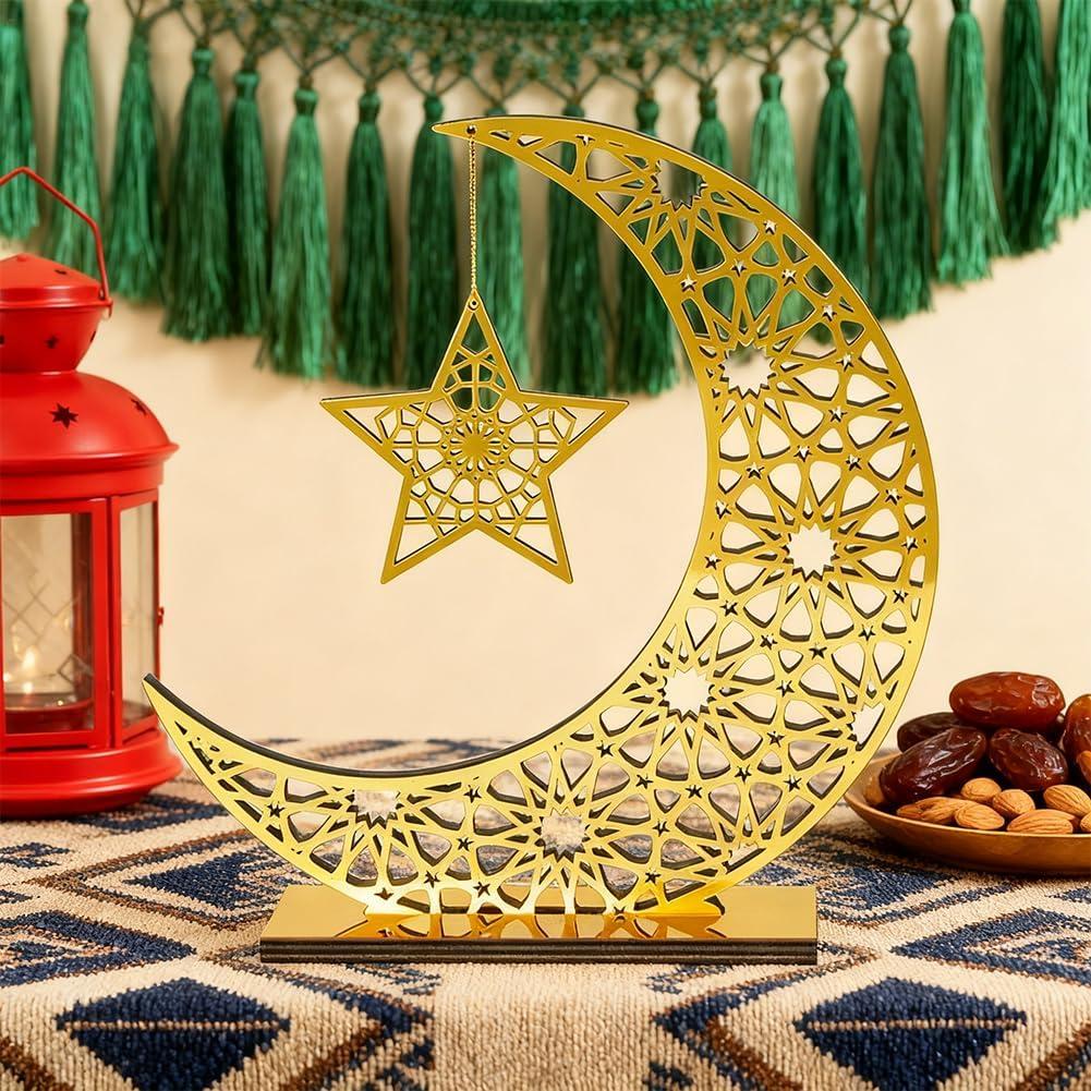 Eforcase Ramadan Decorations Table Decor Wood Eid Mubarak Kareem Table Sign Acrylic Mirror Hollow Moon with Star Ornament for Muslim Party Tabletop Centerpiece Decor Islamic Eid Decoration Gold Moon