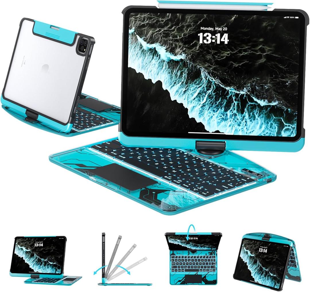 Tiaota Transparent Case with Keyboard for iPad 11th Gen 11-in.(A16, 2025) & 2022 iPad 10th Gen 10.9-in, 7-Color Backlit, Wireless Keyboard, 360°Rotating, with trackpad, Pencil Holder, with Shortcuts, Blue