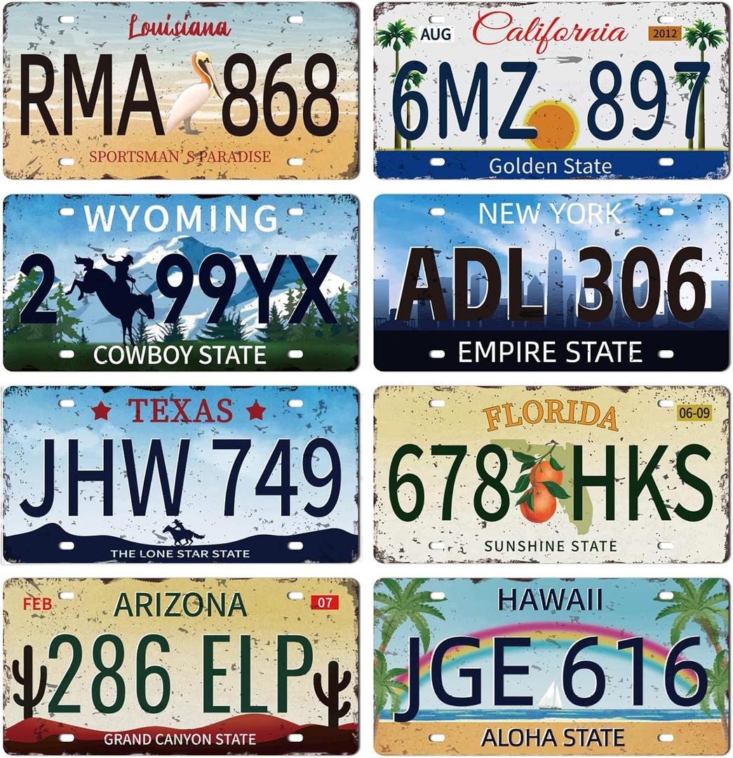 GLOBLELAND 8 Pcs Vintage License Plate Sign Sets 11.8×5.9 inch Iconic Plaque Poster Retro Metal Wall Decorative Tin Signs for Man Cave Home Bar Coffee Shop Club Bohemian Room Decoration