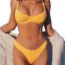 ZAFUL Women's Ribbed Underwire Bikini Set High Cut Colorblock V Notch Swimwear Printed High Leg Swimsuit S