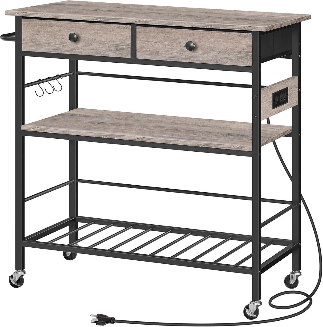 HOOBRO Kitchen Island with Storage, Rolling Island Cart for Kitchen with 2 Drawers & Outlet, 3 Tier Coffee Station and Microwave Stand, Kitchen Island Table for Home, Greige BG08UZD01, 18.9"L x 35.4"W x 37.8"H