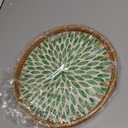 Round Rattan Tray with Mother of Pearl Inlay, Decorative Wicker Serving Tray with Wooden Base, Woven Basket Trays for Bread Fruits Coffee, Leaf