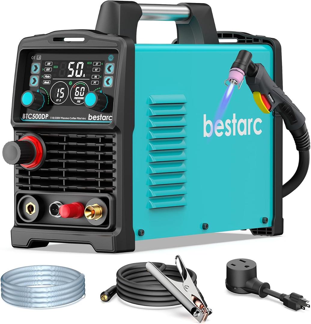bestarc Pilot Arc Plasma Cutter, [Large LED Display][Air Sensor] 50A Plasma Cutter Machine 110/220V Dual Voltage, 1/2 Inch Clean Cut 4/5 Inch Max Cut, Post Flow Mesh, 2T/4T for Beginners DIY