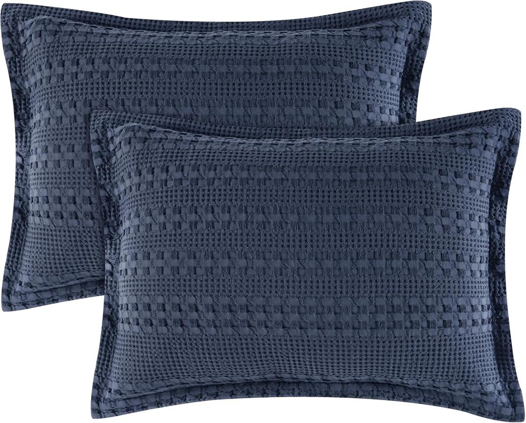 PHF 100% Cotton Ruffle Waffle Pillow Shams King Size, 2 Pack 20" x 36" Soft Skin-Friendly Pillowcases, No Filling, Aesthetic Home Decor, Breathable Waffle Weave Bed Pillow Covers, Indigo