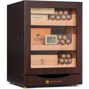 MET-1031 Cigar Humidor Cabinet for 150 Cigars Spanish Cedar Lining, Digital Hygrometer, Magnetic Seal, 3 Drawers + Accessory Storage Gift for Cigar Aficionados, Dark Brownish Red 