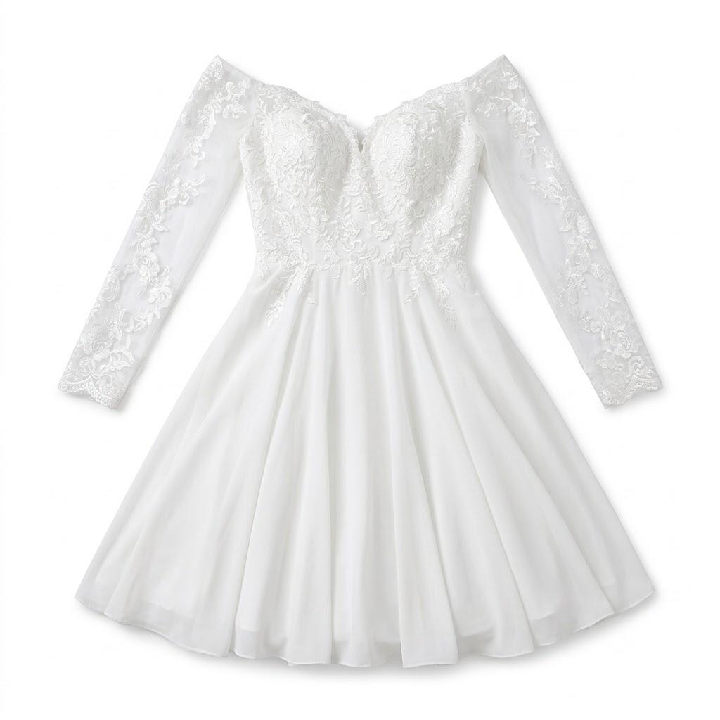 VFSHOW Womens Formal Women's Off-The-Shoulder Lace Mini Wedding Dress – Long Sleeve Sweetheart Chiffon Bridal Gown for Reception, Engagement & Party Dress 2023 Illusion Sweetheart Neckline Evening Long Gown White, Size: X-Large