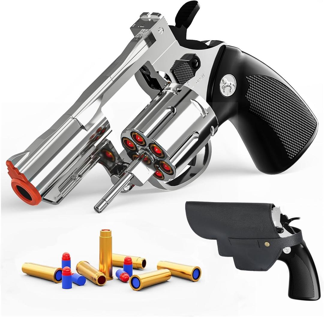 Revolver Toy Gun with Holster Silver - Soft Bullet Western Cowboy Prop Revolver Gun Plastic Play Guns Pistol for Kids Boys Age 6+ Foam Blaster CS Toy Rifle Sniper Small Hand Gun Cosplay Shoot Games