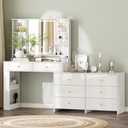 Ieejdn Makeup Vanity Desk with Mirror and Lights, Vanity Desk with 8 Drawers & Storage Shelves, Vanity Table with Power Outlet, 3 Color Modes & Adjustable Brightness Dressing Table, Bedroom, White