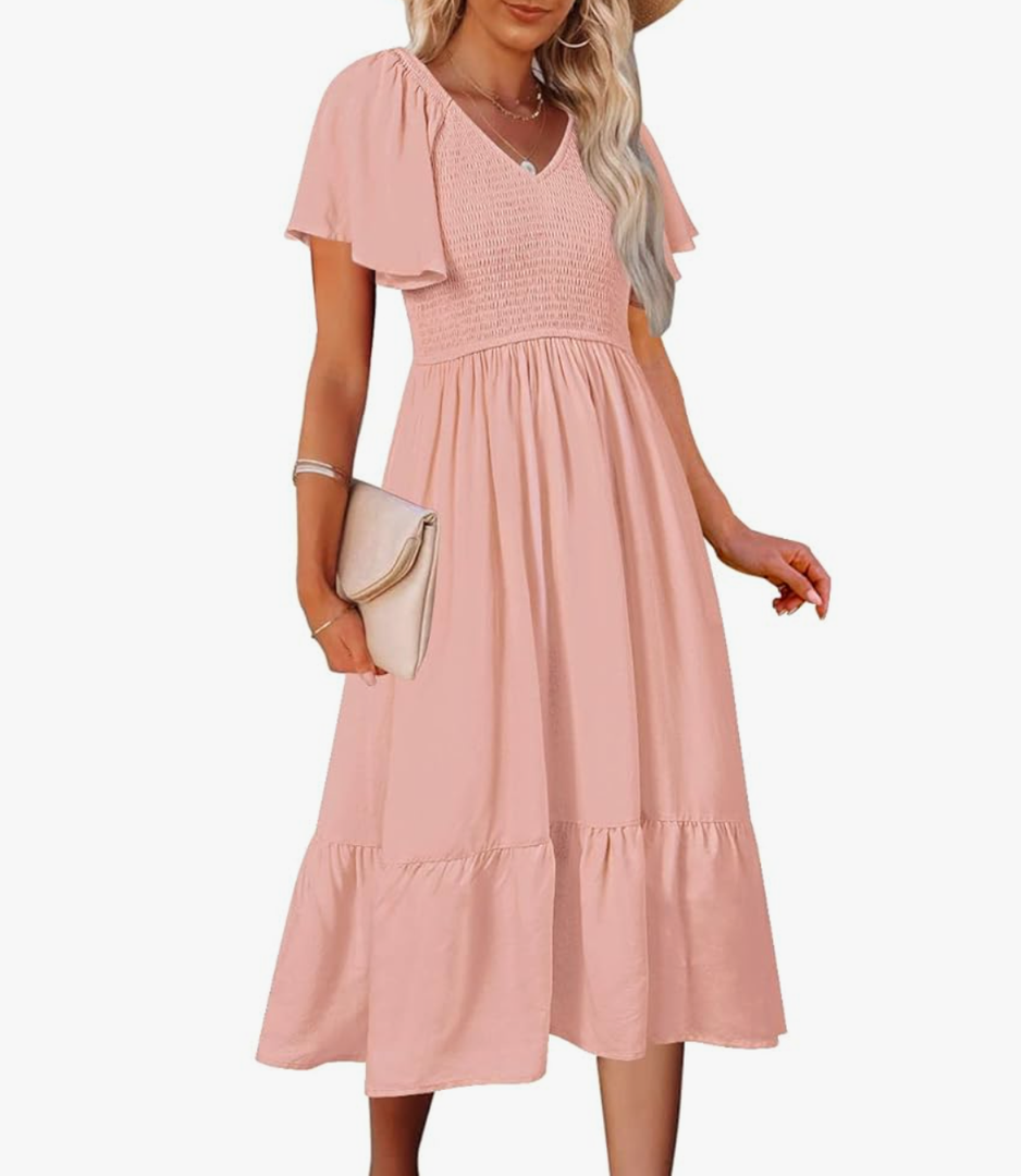 MEROKEETY Women's Summer Casual V Neck Ruffle Sleeve Smocked High Waist Midi Dress with Pockets, XXL