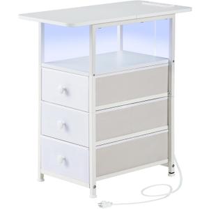 DALEMHOME Narrow End Table with Charging Station, Narrow Side Table with 3 Fabric Drawers, Slim Nightstand with LED Light, Small Table with Storage, Living Room, Bedroom, White HKET1303WT (Large(11.8" W x 23.6" D))