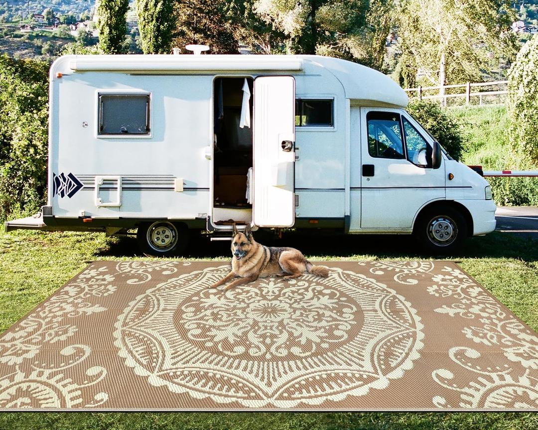 Capslpad 9ftx12ft RV Camping Outdoor Rug Beige Waterproof Outside Plastic Straw Rug Reversible Boho Floral Balcony Carpet Foldable Backyard Area Rug with Carry Bag for Patio Deck Bench Picnic Porch (8'10" x 11'11" (Rectangular), Beige)