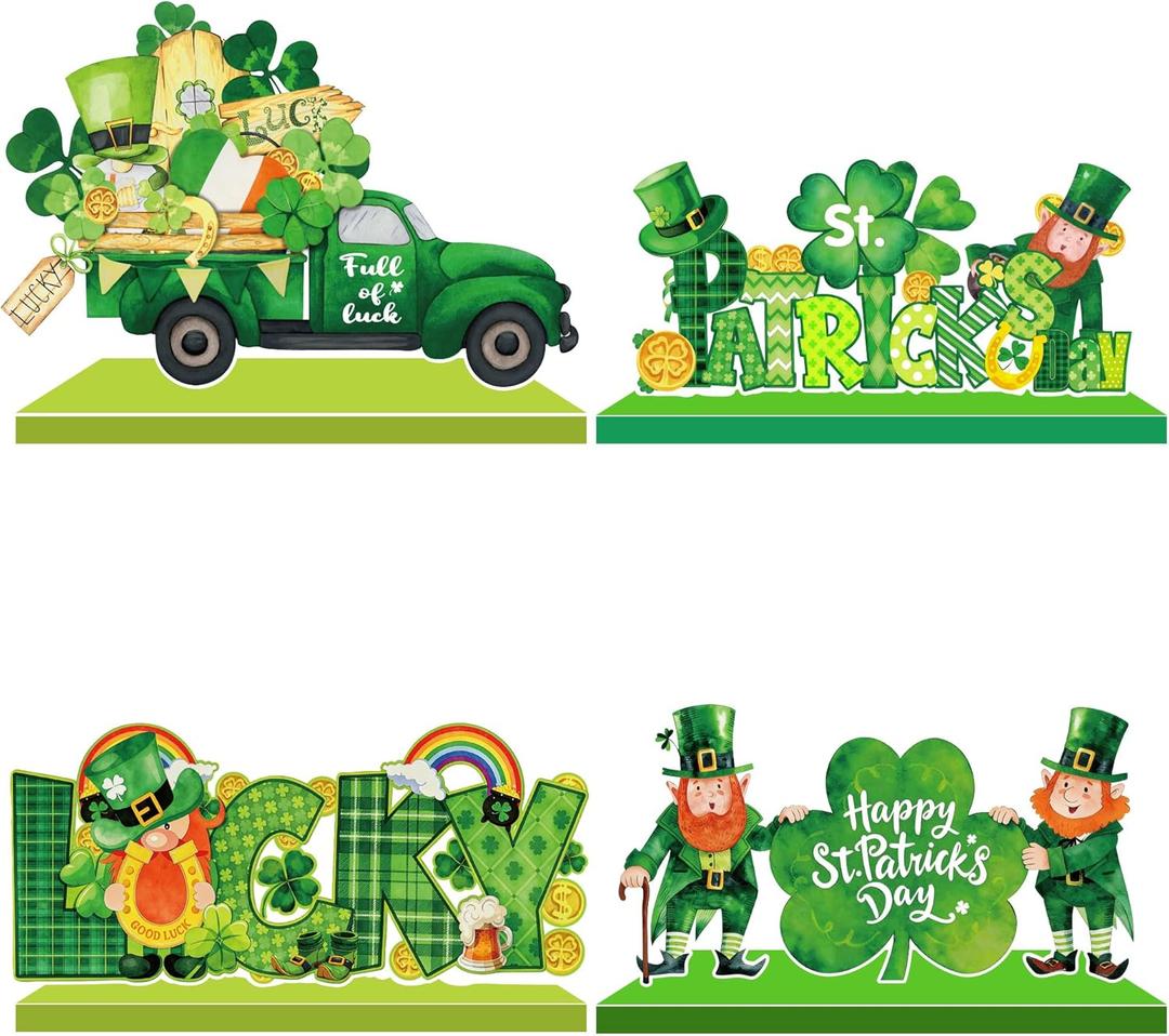 2 x St. Patrick's Day Table Decoration Shamrock Sign Centerpieces Leprechaun Decoration for Saint Patty's Table Decor Irish Green Gnome Truck Wood Sign for Tabletop Home