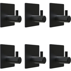 Matte Black Self Adhesive Towel Hooks for Bathroom Wall Door Mounted - SUS304 Stainless Steel Strong Strips Stick on 3M Wall Hooks for Hanging Coat, Hat, Bag, Key, Jacket  6 Pack