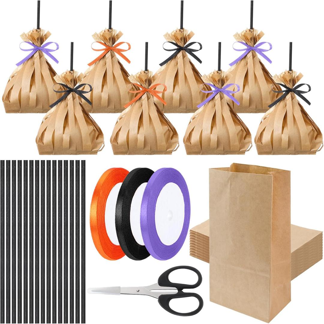 Chunful 100 Pcs Halloween Treat Bags Witch Broom Kraft Paper Candy Gift Bags with 50 Wooden Stick Halloween DIY Art Crafts Kit for Cookies Goodie Trick or Treat Party Favor Classroom Decorations